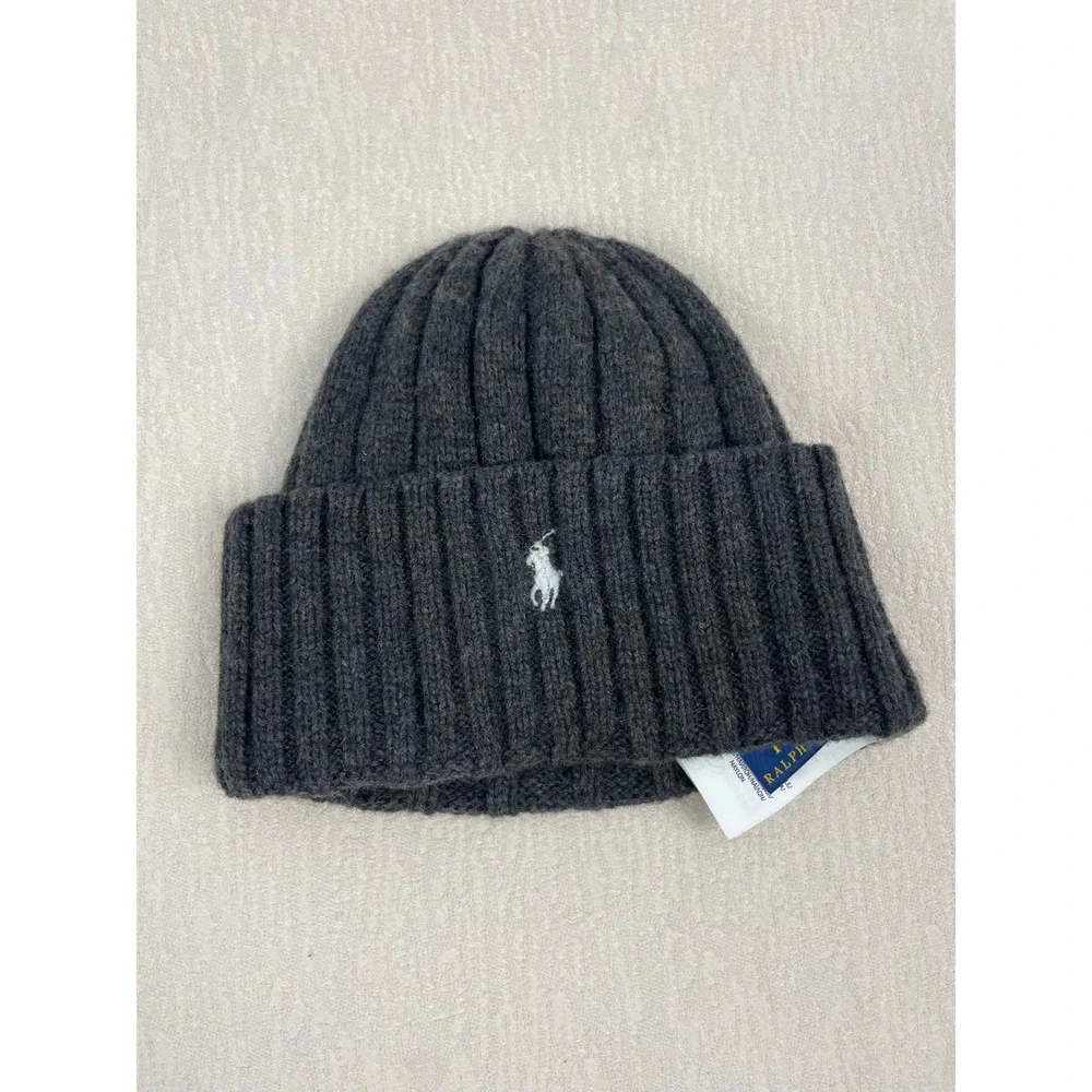Polo Ralph Lauren Kids Charcoal Grey Wool Blend Ribbed Knit Beanie Hat One Size